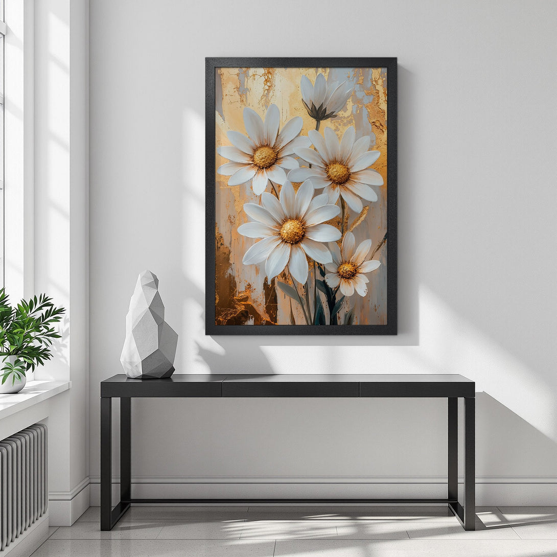 Framed Poster featuring white daisy flowers, gold and neutral tones, modern art style, perfect for home decor.