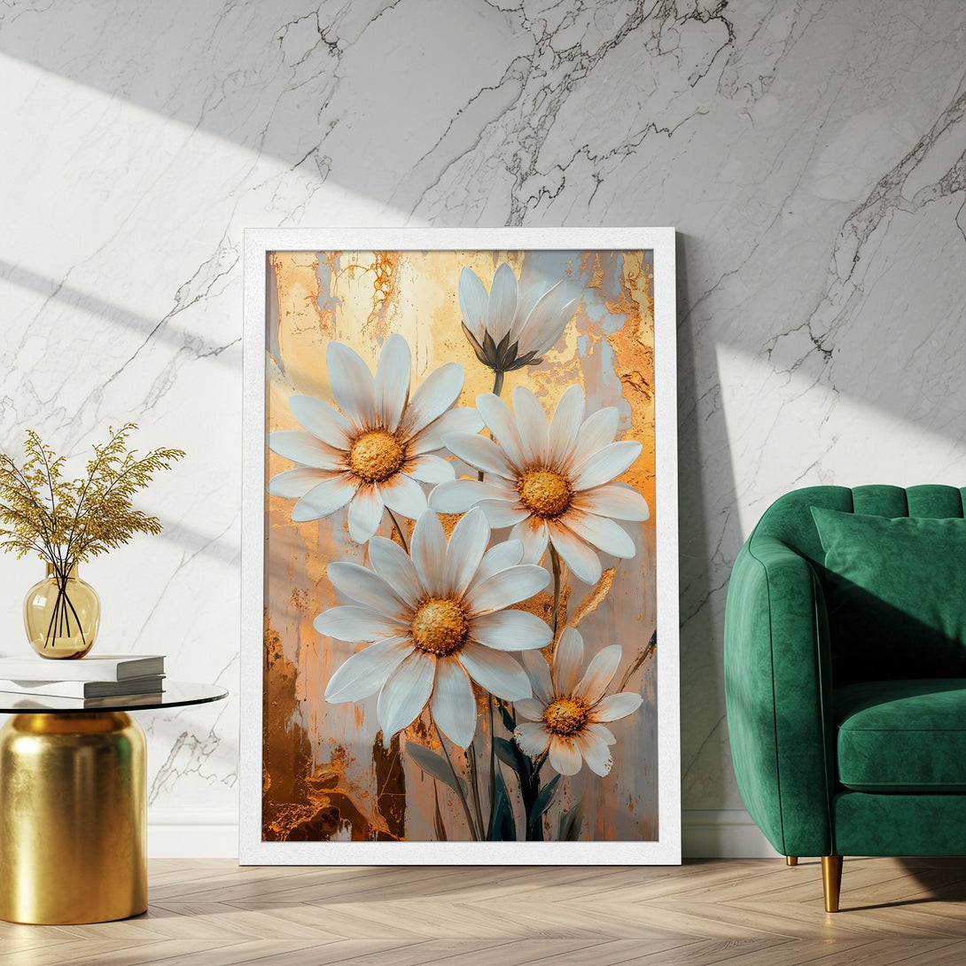 Framed Poster featuring daisy flowers in a modern style with a gold and white color palette. Perfect wall art for any room!