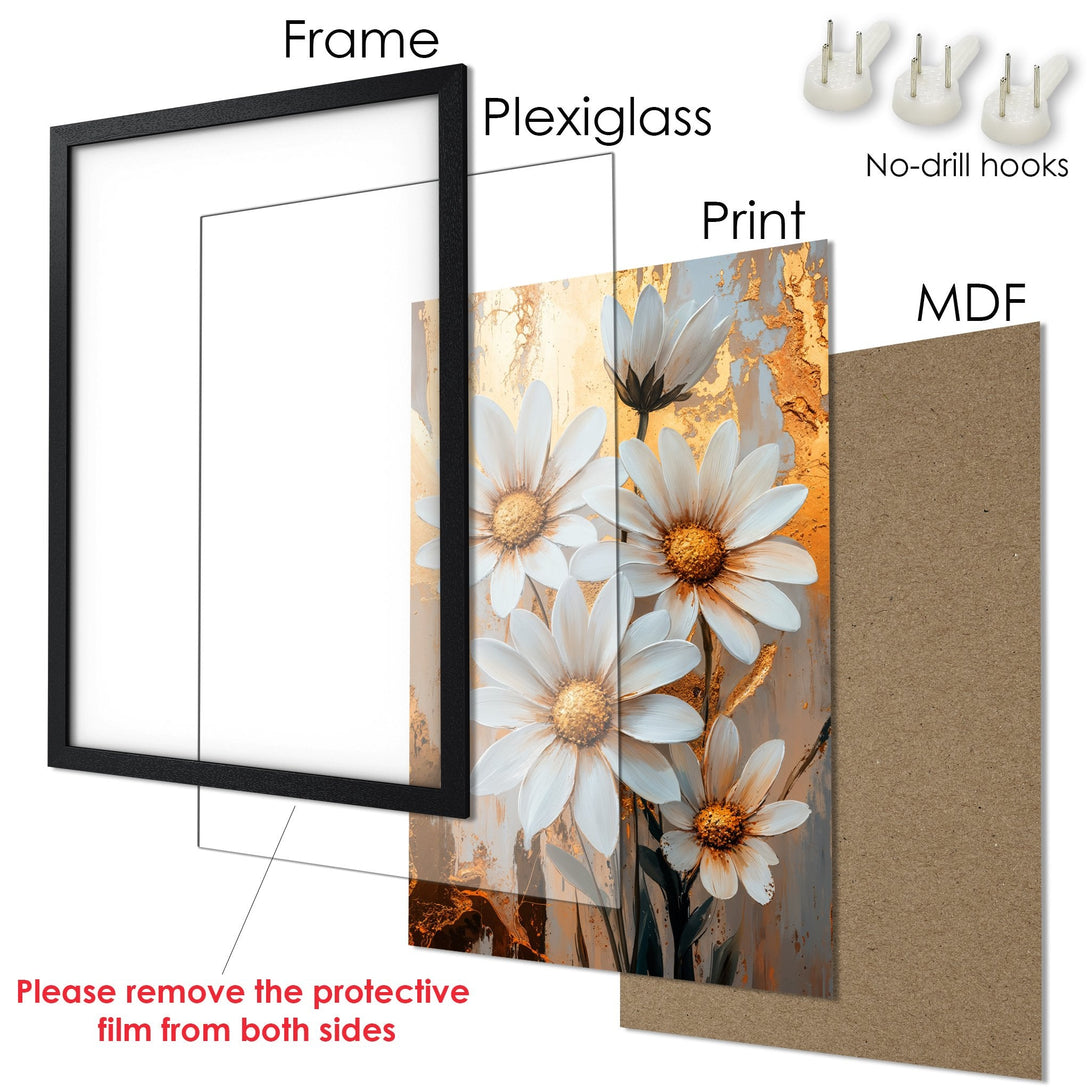 Framed Poster featuring white daisies with gold accents, a modern floral art piece. Neutral color palette. Ready to hang!