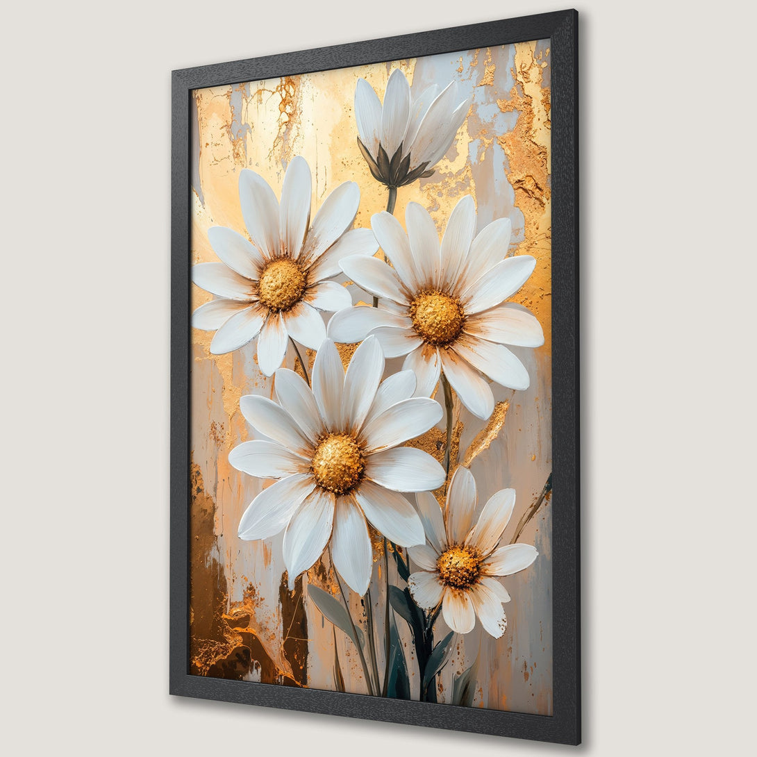 Framed Poster featuring white daisies with gold accents, artistic style, warm neutral color palette. Perfect floral wall art.