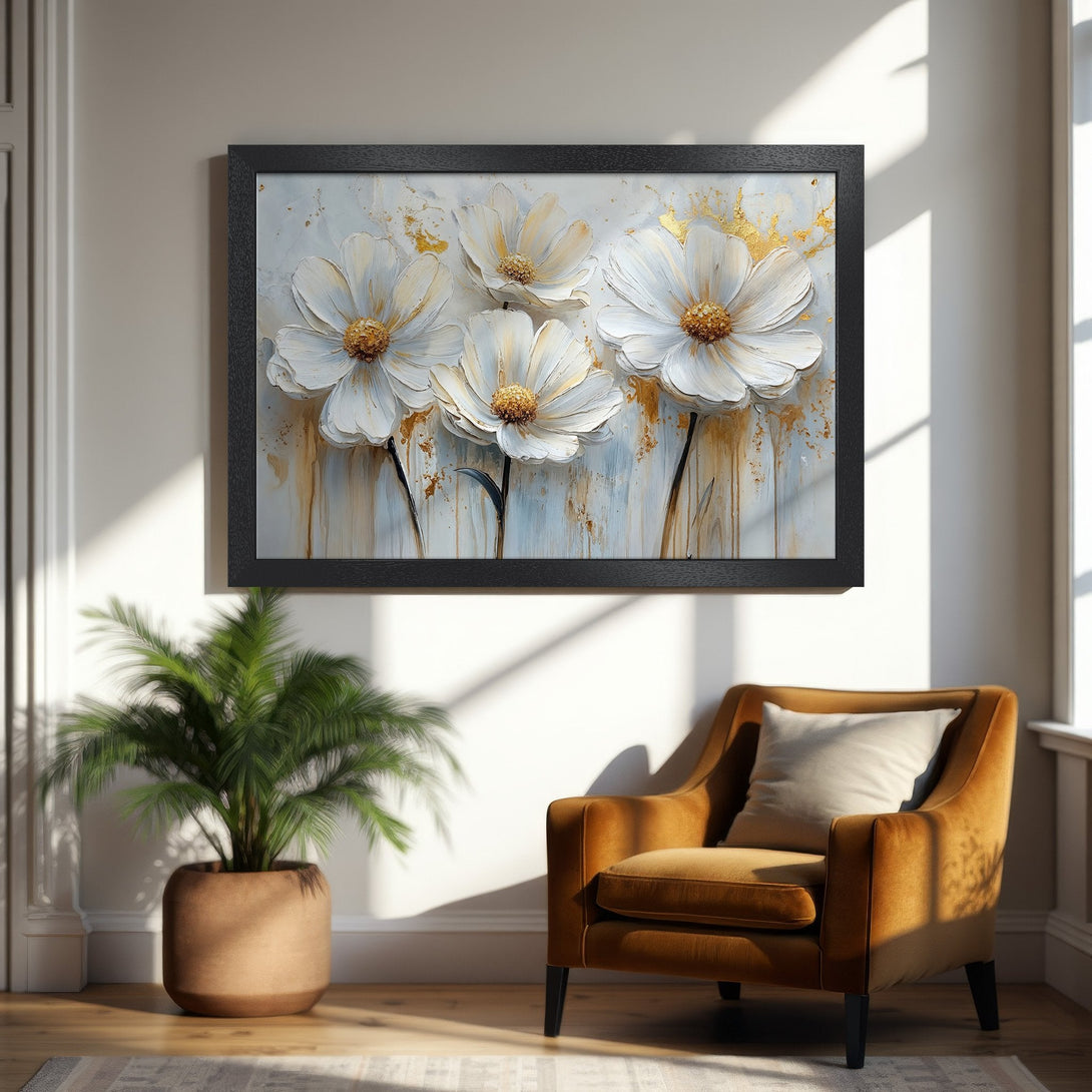 Framed Poster featuring elegant white floral art with gold accents. Modern style, neutral color palette for a touch of sophistication.