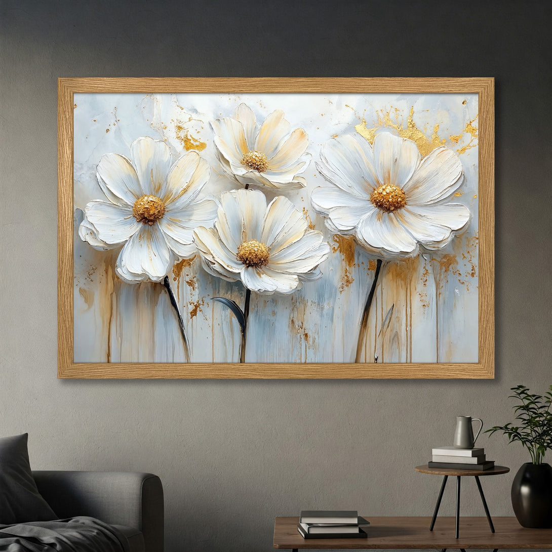 Framed Poster featuring white floral art with gold accents, a modern and elegant addition to any space.