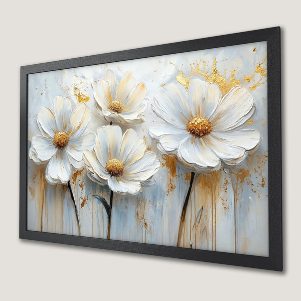 Framed Poster featuring elegant white flowers with gold accents, a modern art style, and a neutral color palette. Perfect wall decor!