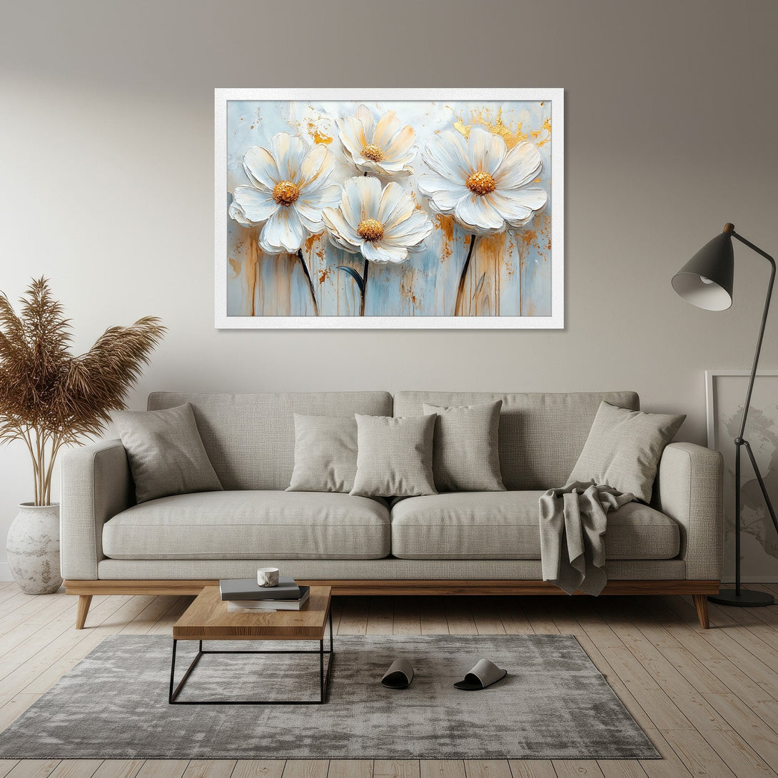 Framed Poster featuring white floral art with gold accents. Modern style, neutral color palette for elegant home decor.