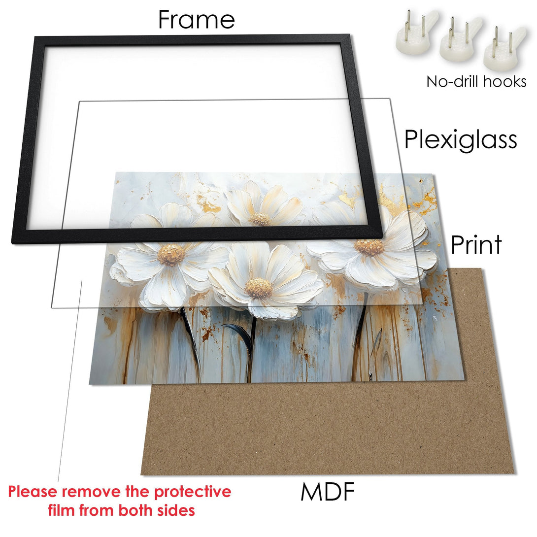 Framed Poster featuring white floral art with gold accents, set in a black frame. Elegant style, soft color palette.