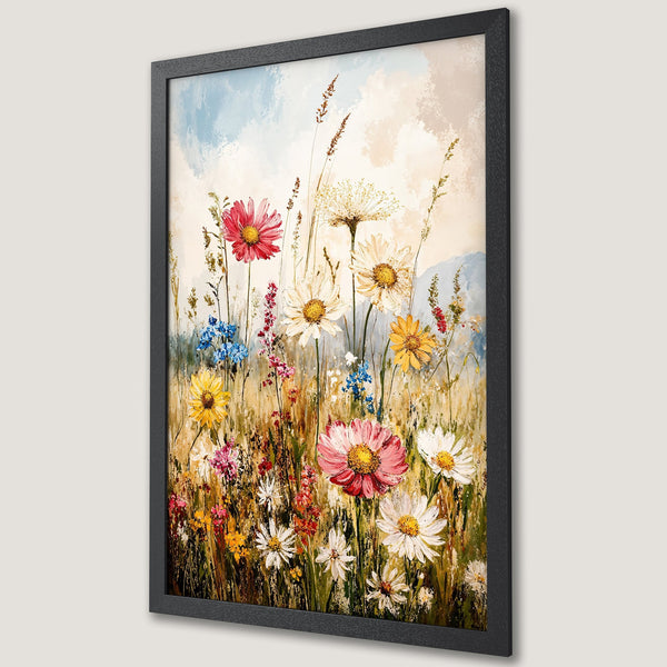 Framed Poster featuring a vibrant wildflower meadow. Impressionistic style with a warm, colorful palette of pinks, yellows, and blues.