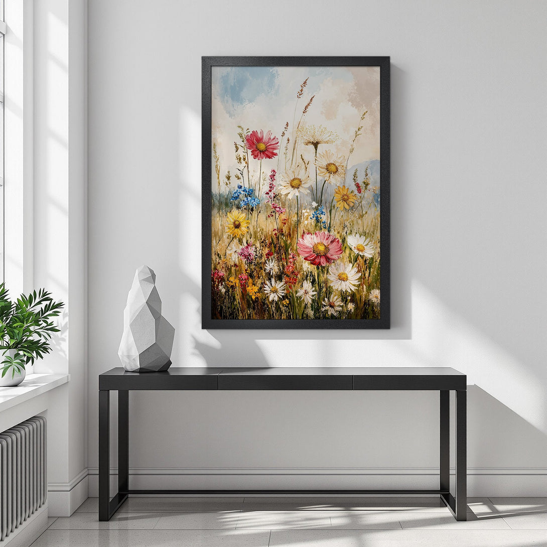 Framed Poster of colorful wildflowers. Impressionistic style, vibrant palette of pinks, yellows, and blues. Perfect wall art for any room.