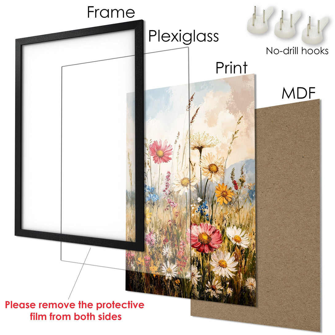 Framed Poster featuring a floral meadow in a watercolor style with a warm, natural color palette. Perfect wall art!