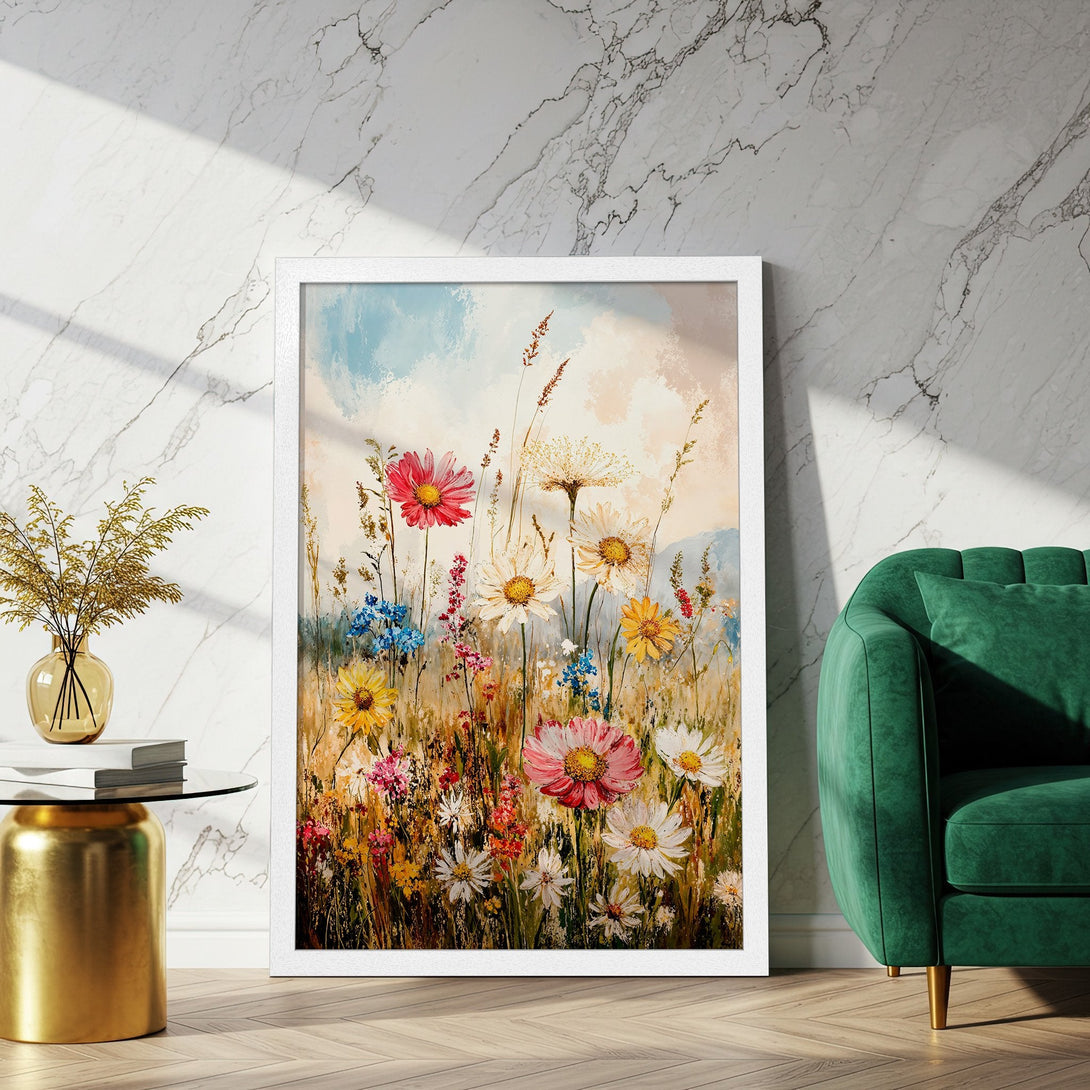 Framed Poster featuring a vibrant floral meadow painting in impressionistic style, with a warm, colorful palette. Perfect wall art!