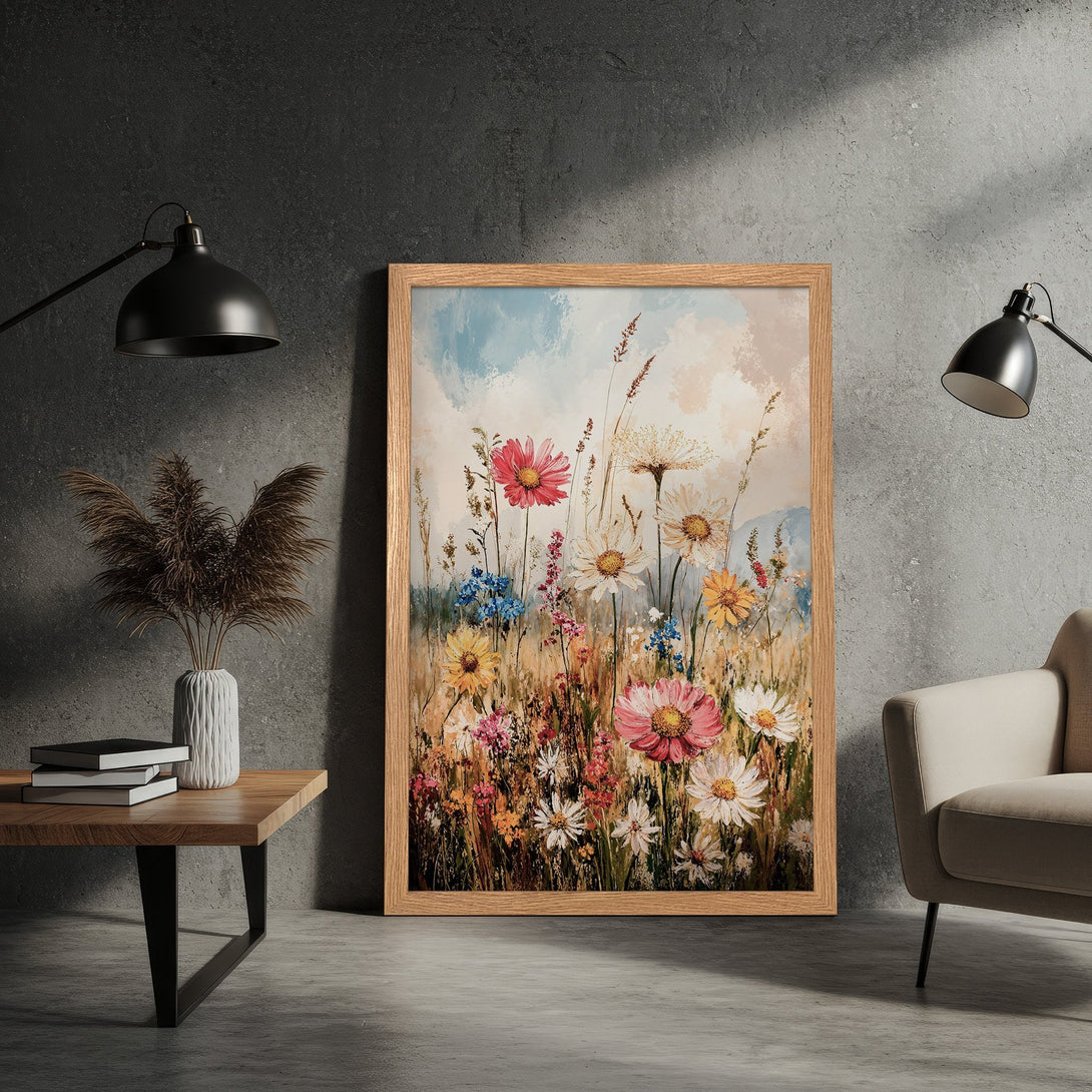 Framed Poster featuring a vibrant floral meadow in a painterly style with a warm, pastel color palette. Perfect wall art for any room!