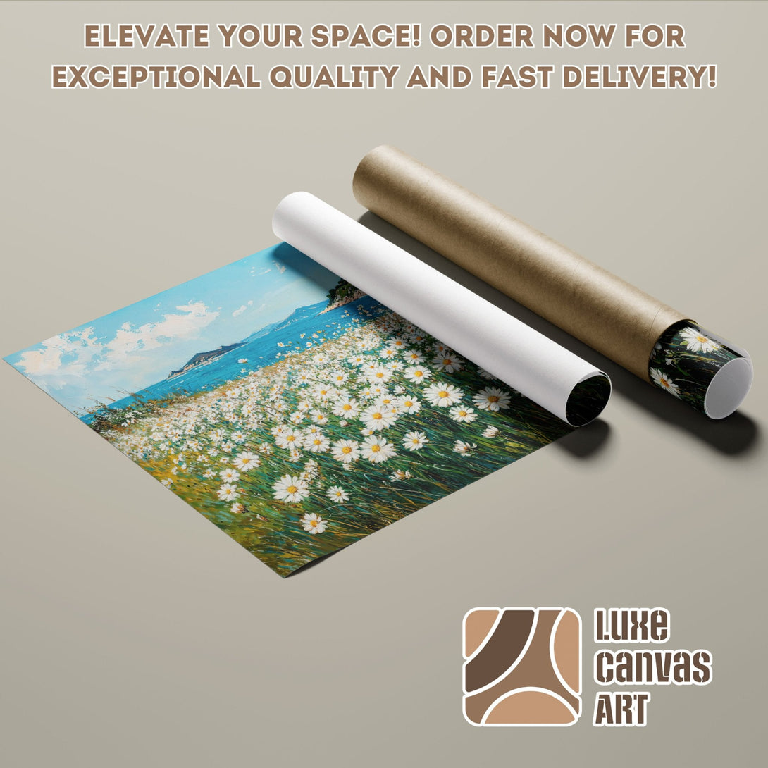 Poster Roll featuring a floral landscape painting with a blue, green, and white color palette.
