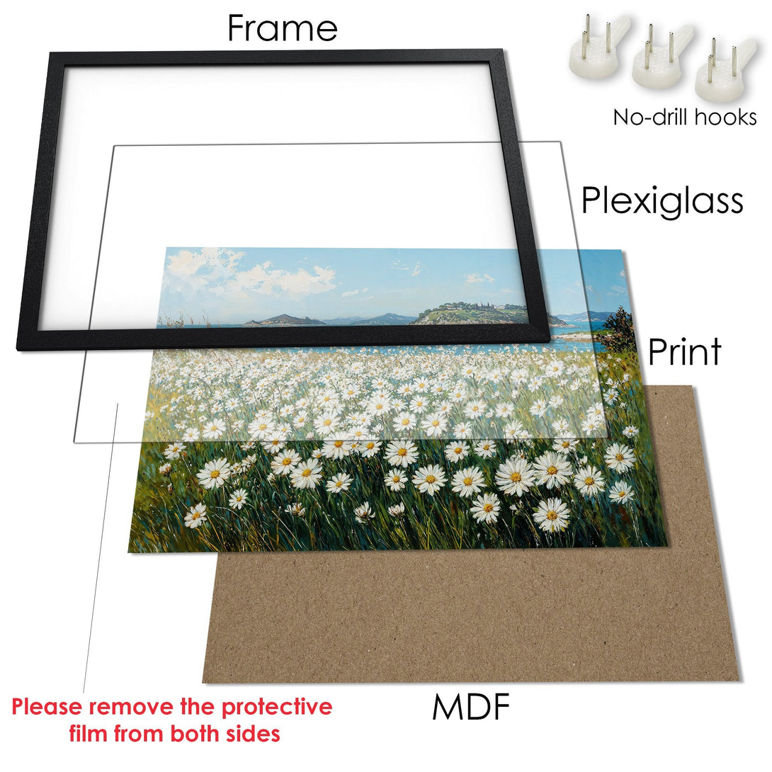 Framed Poster featuring a daisy field painting with blue sky, in a black frame. A beautiful, vibrant art print.