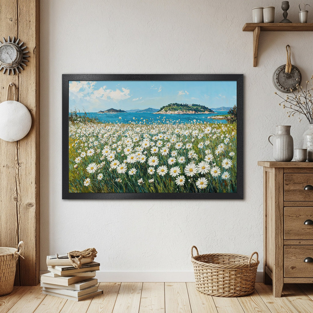 Framed Poster featuring a daisy field painting with blue sea and sky. Impressionist style, vibrant colors. Perfect wall art!