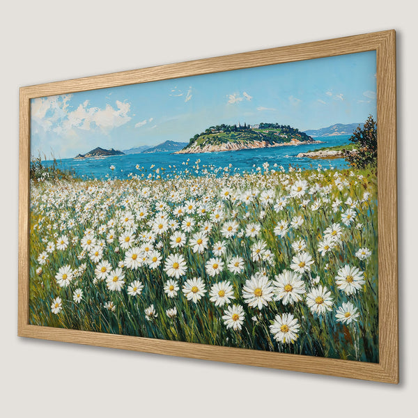 Framed Poster of a coastal landscape with daisies, in a vibrant blue, green, and white color palette. Perfect wall art!