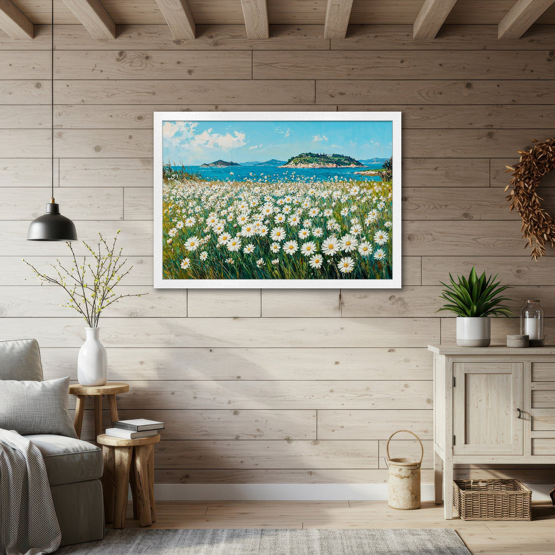 Framed Poster of a vibrant daisy field by the sea. Impressionistic style, blue, white, and green color palette. Perfect wall art.