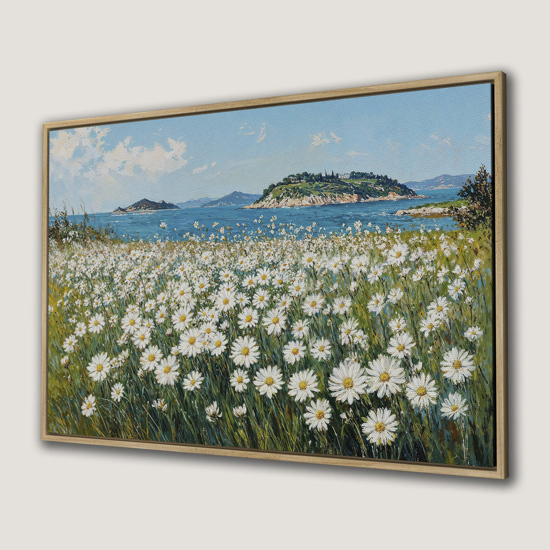 Framed Wall Art: Coastal landscape with daisies. Impressionistic style, featuring blue, white, and green hues. Perfect for adding a touch of nature to your home.