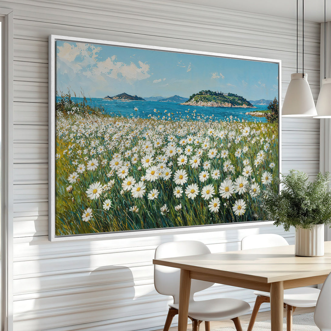 Framed Wall Art: Coastal daisy field painting in blue, green, and white. Perfect for adding a touch of nature and serenity to your home decor.