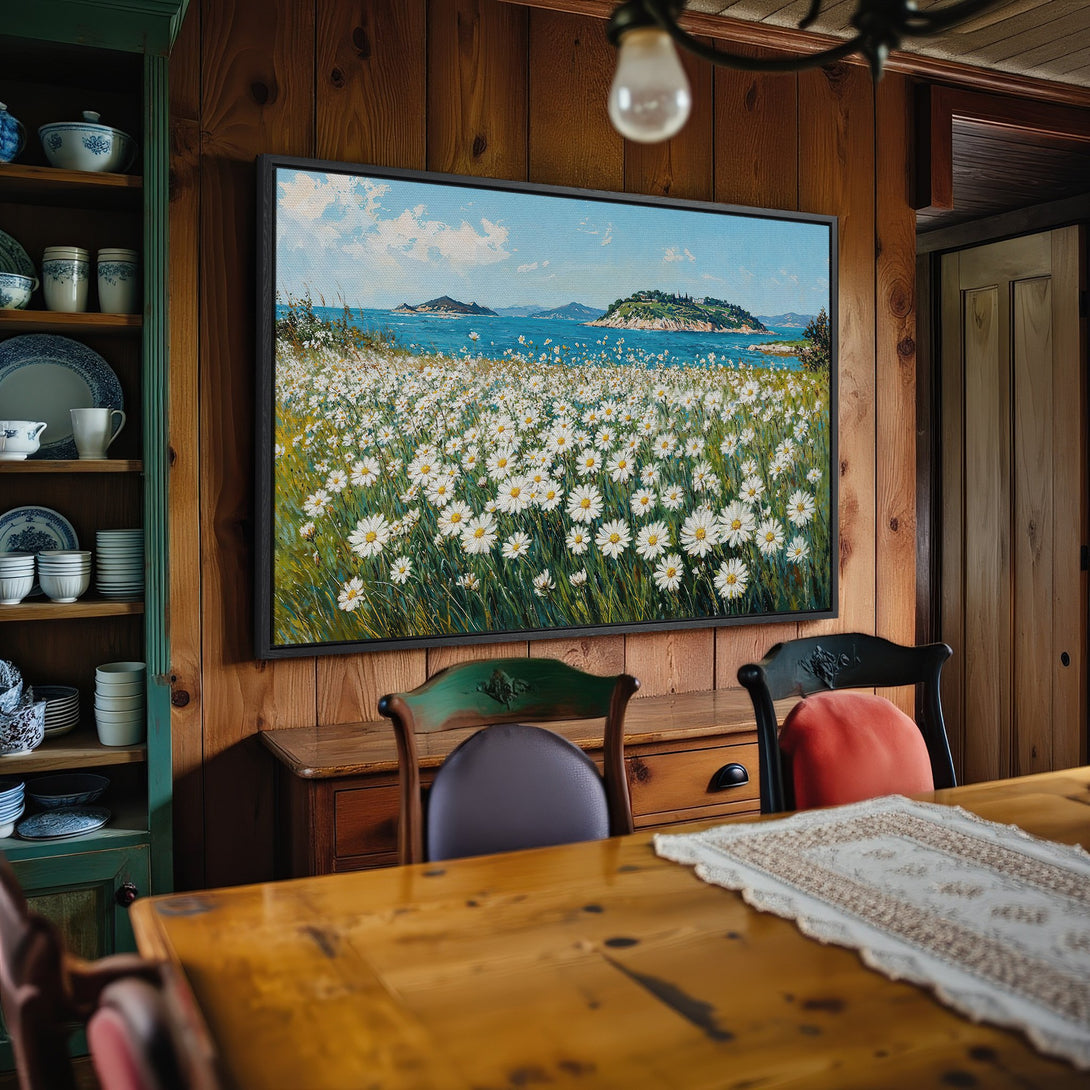 Framed Wall Art: Coastal daisy field painting in blue, white, and green. Perfect for adding a touch of nature's beauty to your home decor.