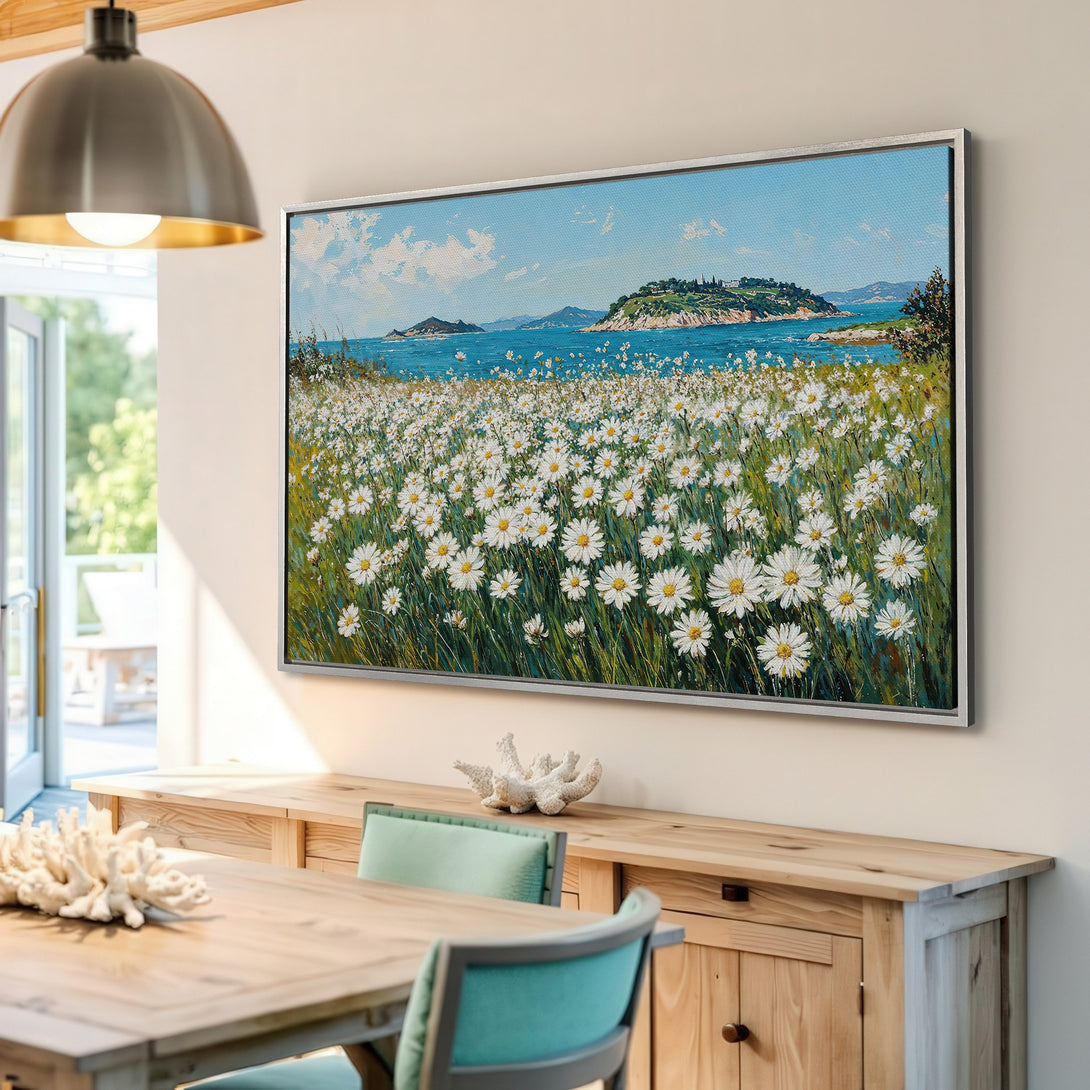 Framed Wall Art: Coastal daisy field painting in blue, white, and green. Add serene beauty to your home with this stunning Canvas Print.