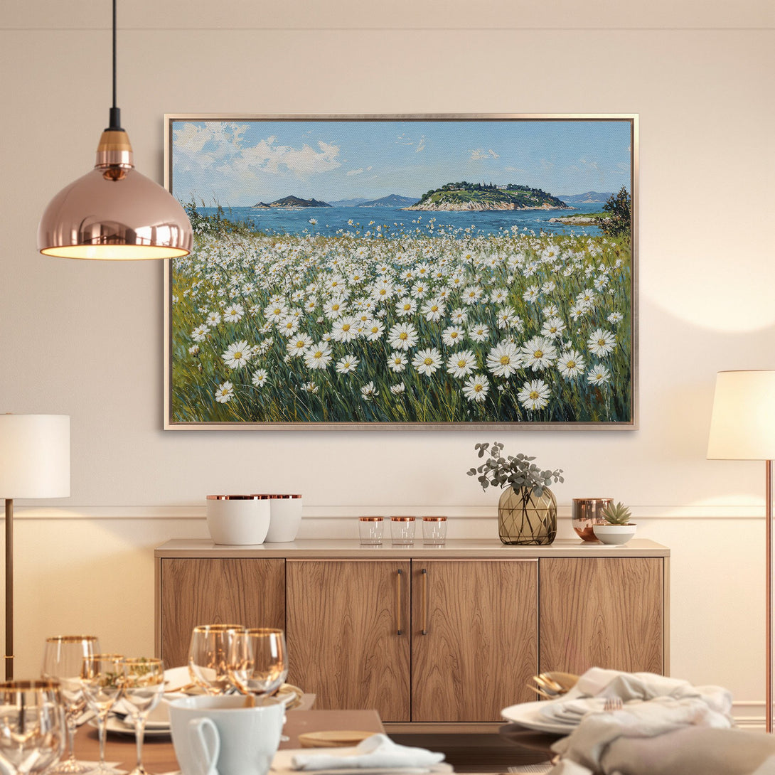 Framed Wall Art: Coastal daisy field painting in blue, green, and white. Perfect for adding a touch of nature to your home decor. Shop now!