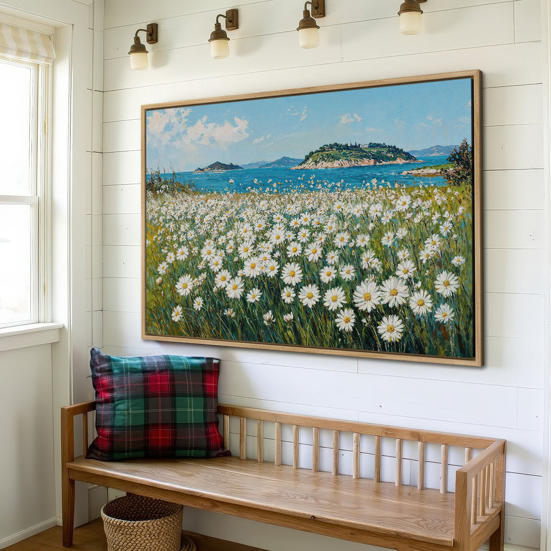 Framed Wall Art: Coastal daisy field painting with blue, white, and green hues. Perfect for adding a touch of nature and serenity to your home decor.