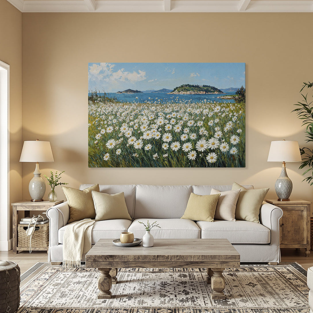 Framed Wall Art: Coastal landscape Canvas Print with a field of daisies. Blue, green, and white color palette, classic style, perfect for home decor.