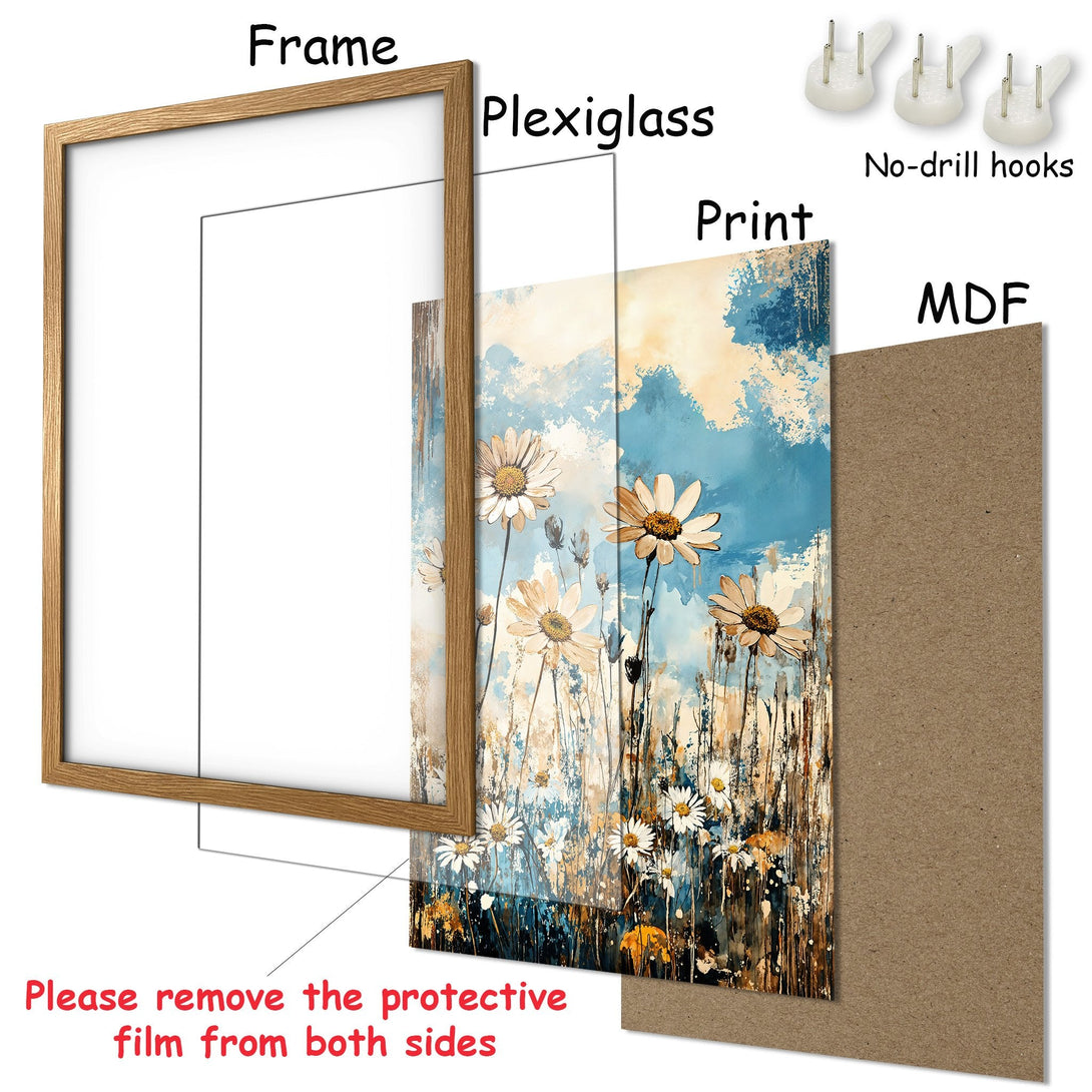 Framed Poster featuring watercolor daisies in blue, beige, and brown tones. Perfect floral wall art for your home decor.