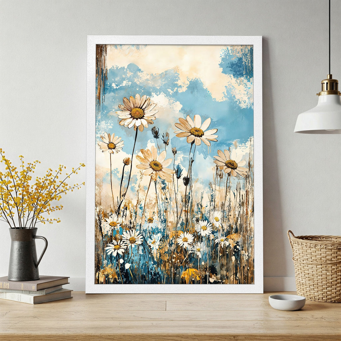 Framed Poster featuring watercolor daisies in blue, beige, and gold. Perfect floral art for your home!