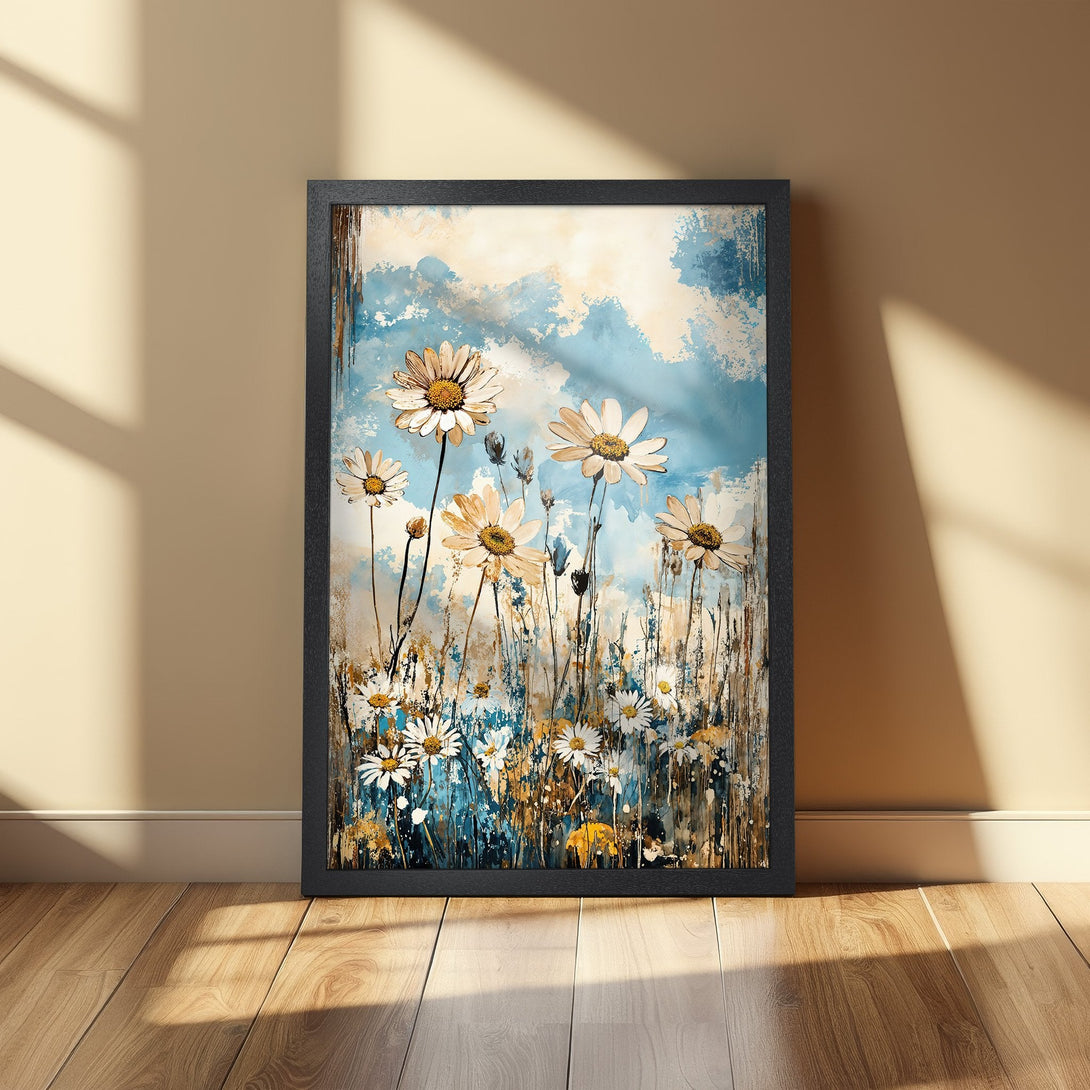 Framed Poster featuring watercolor daisies in a blue and gold color palette, perfect for adding a touch of nature to your home decor.
