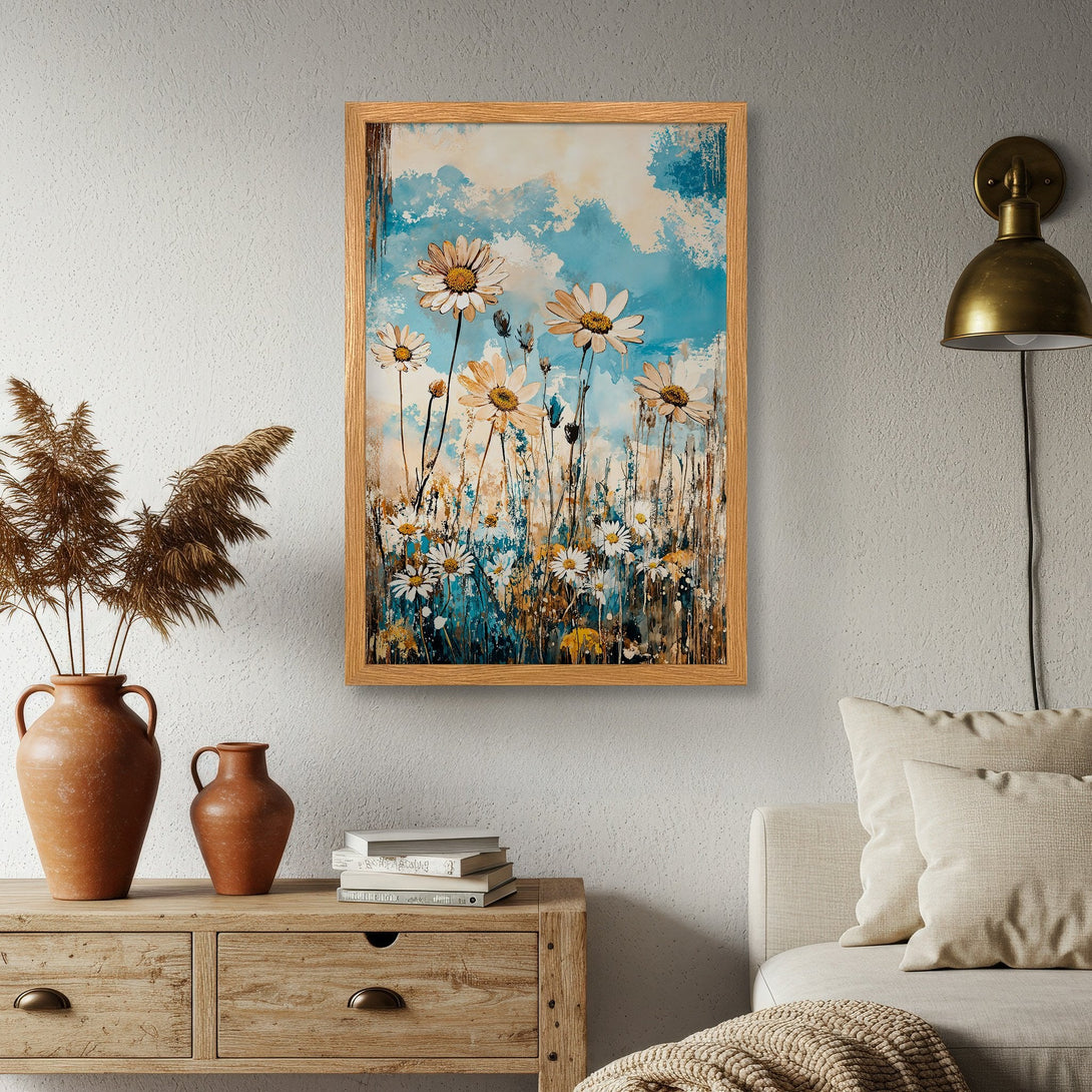 Framed Poster featuring daisy field art, soft watercolor style with blue, white, and beige tones. Perfect for home decor!