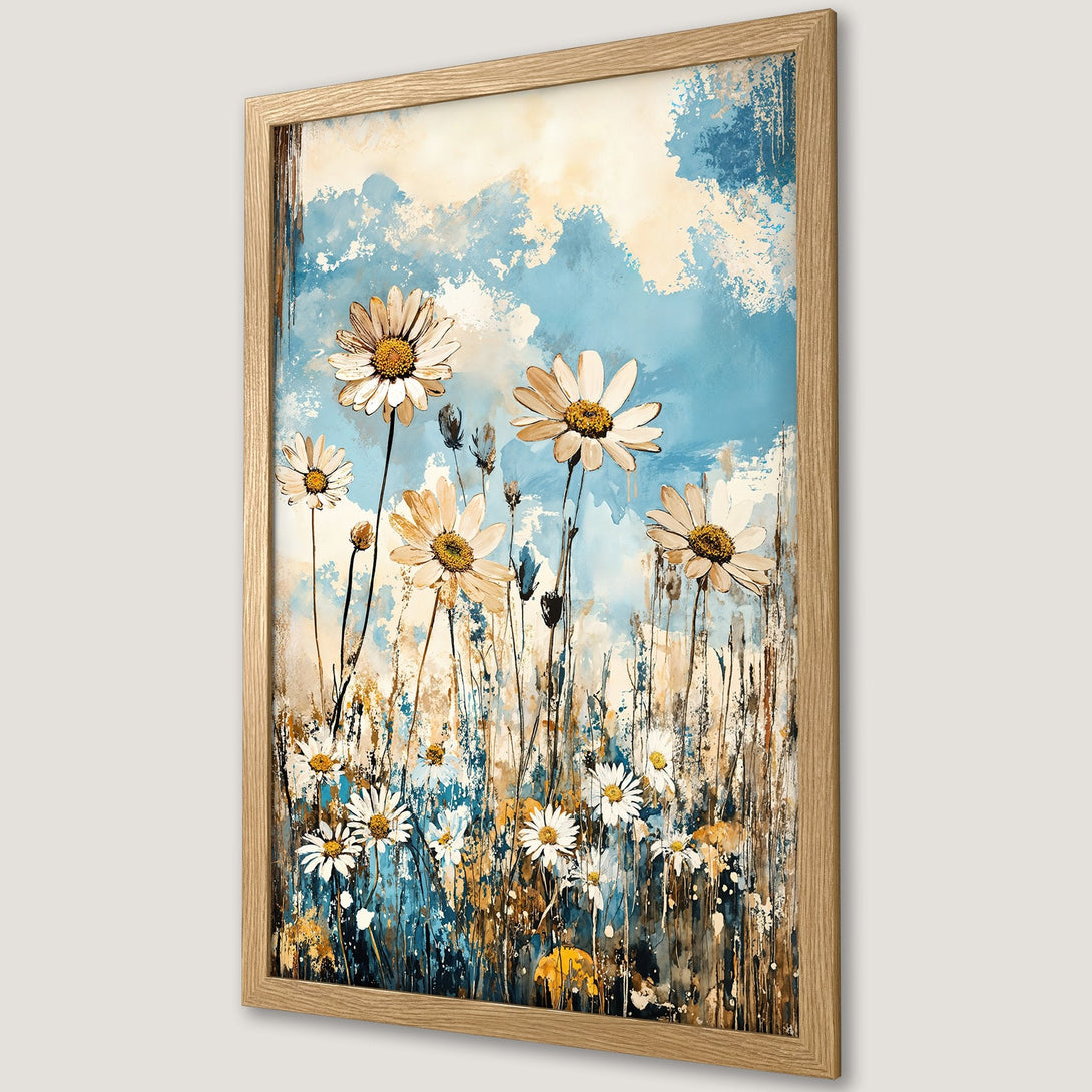 Framed Poster featuring watercolor daisies against a blue sky. Beautiful floral art print in a natural wood frame. Perfect wall decor.