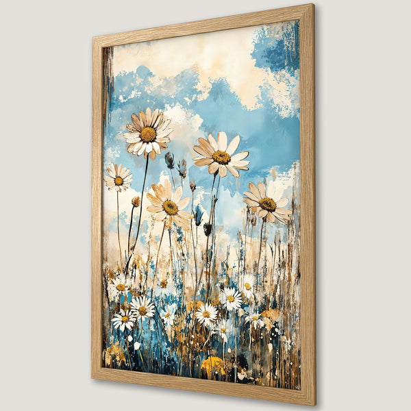 Framed Poster featuring watercolor daisies against a blue sky. Beautiful floral art print in a natural wood frame. Perfect wall decor.