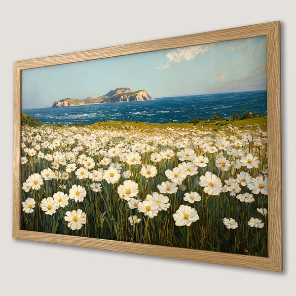Framed Poster featuring a coastal landscape with white flowers, in a vibrant blue, green, and yellow color palette.