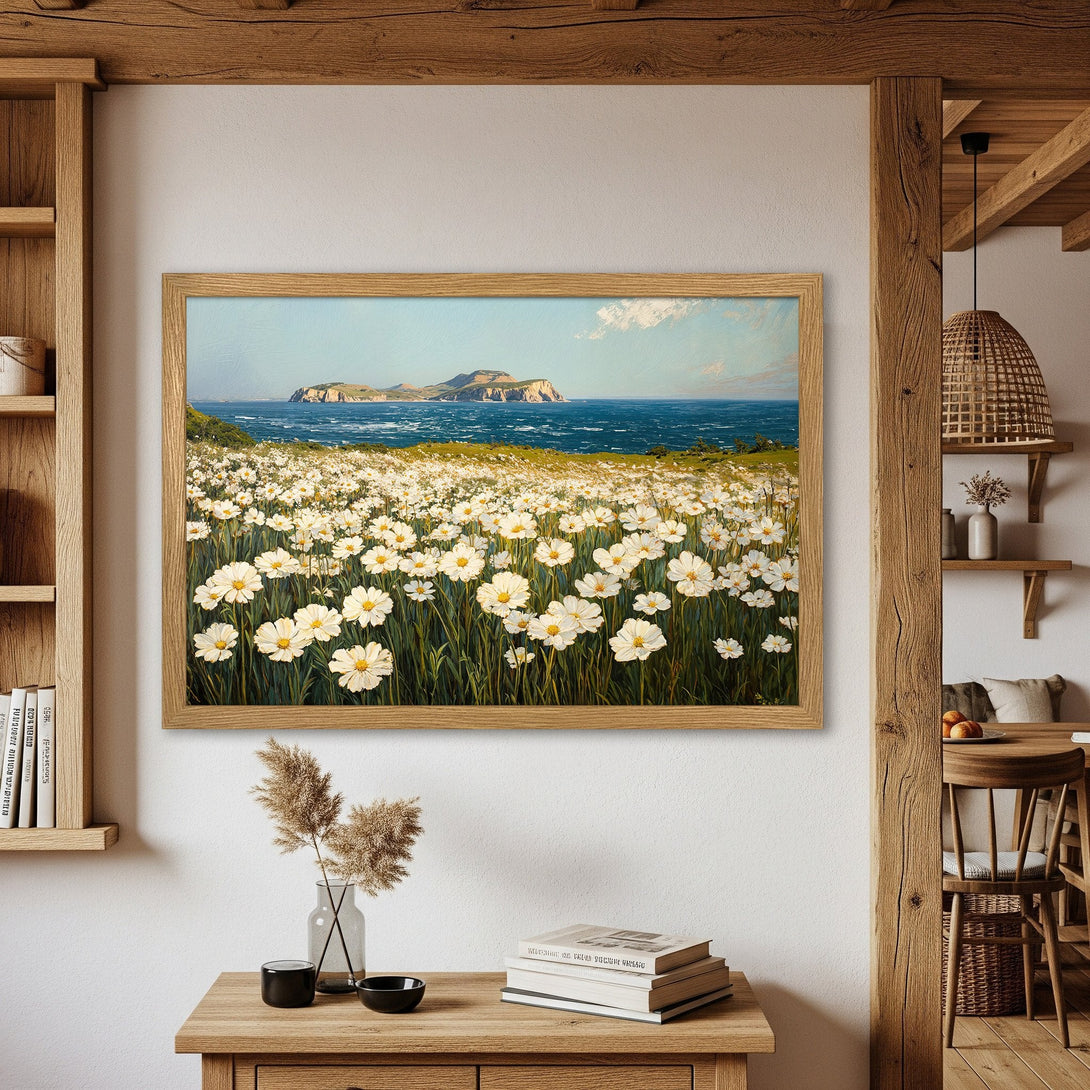 Framed Poster featuring a serene landscape with white flowers, blue sea, and a mountain. Soft, natural color palette. Perfect wall art!