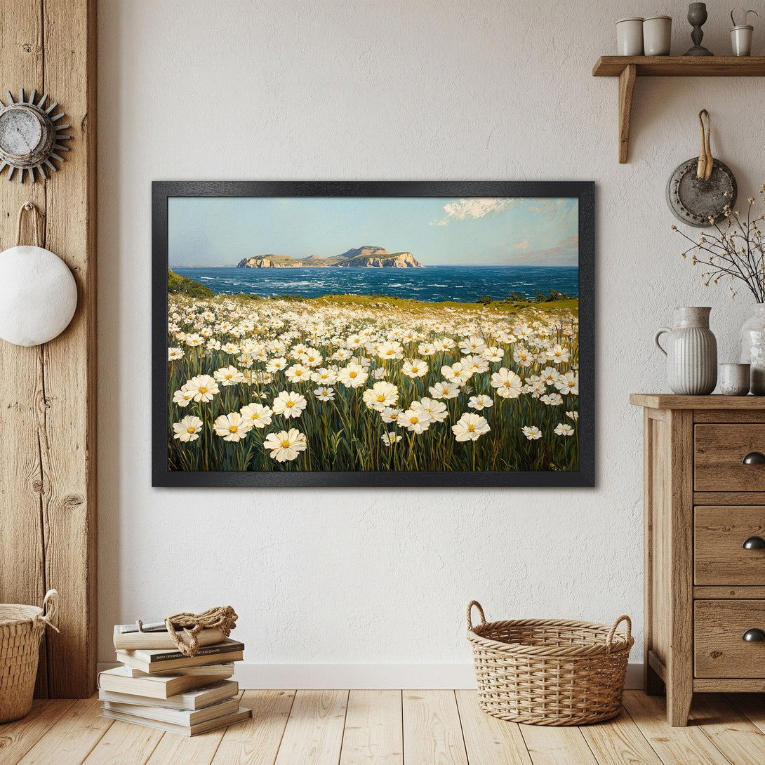 Framed Poster featuring a floral landscape painting, with a blue and white color palette, perfect for home decor.