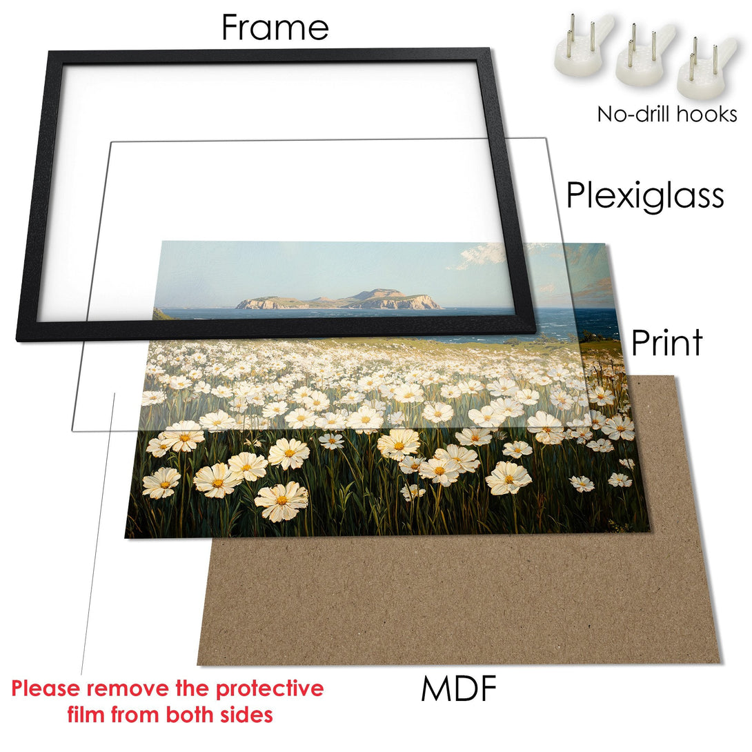 Framed Poster featuring a field of white flowers and a coastal landscape. Elegant style, soft blues, greens, and whites. Perfect wall art!