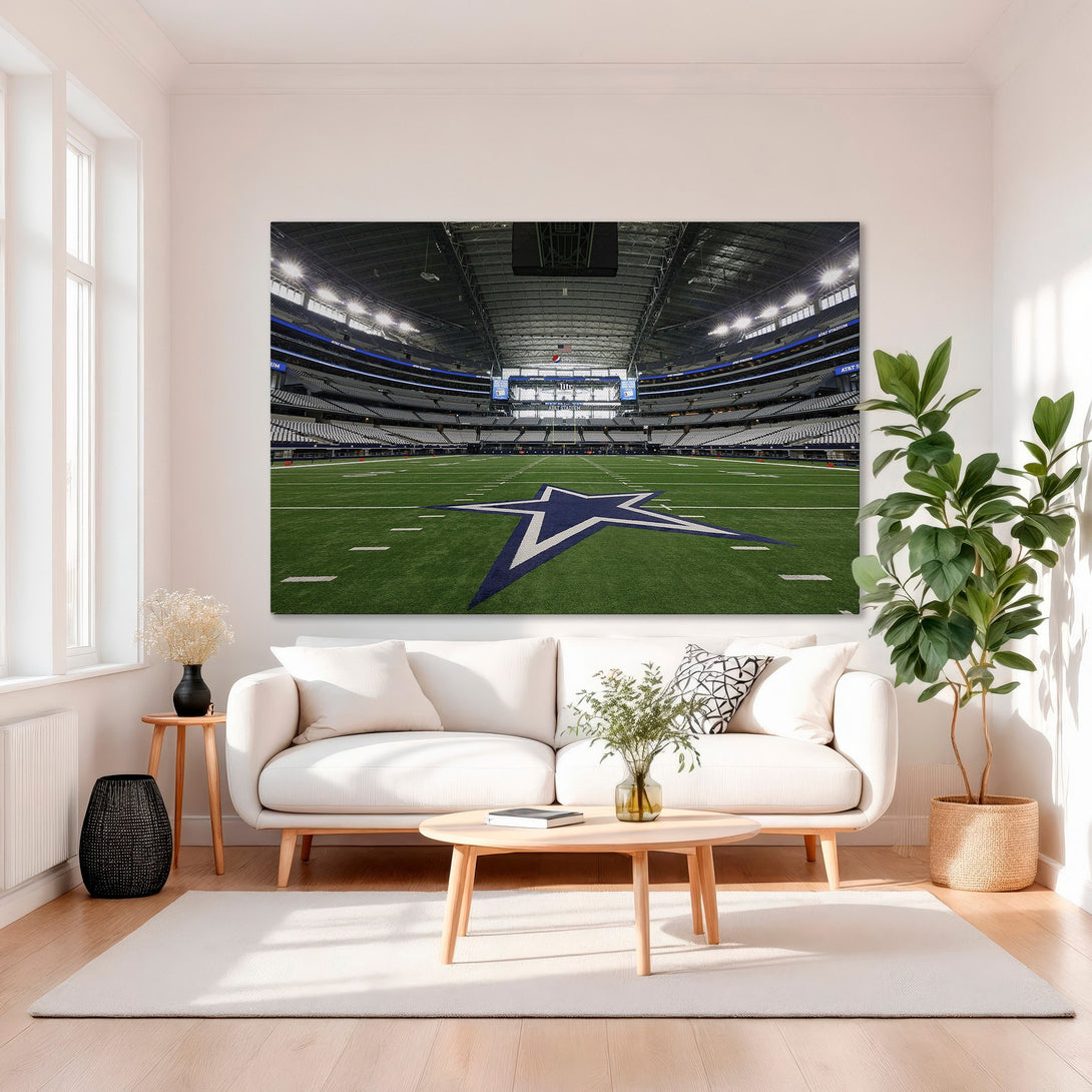 Framed Wall Art: Dallas Cowboys stadium canvas print in a modern interior. Green, blue, and gold color palette. Elevate your space with sports decor!