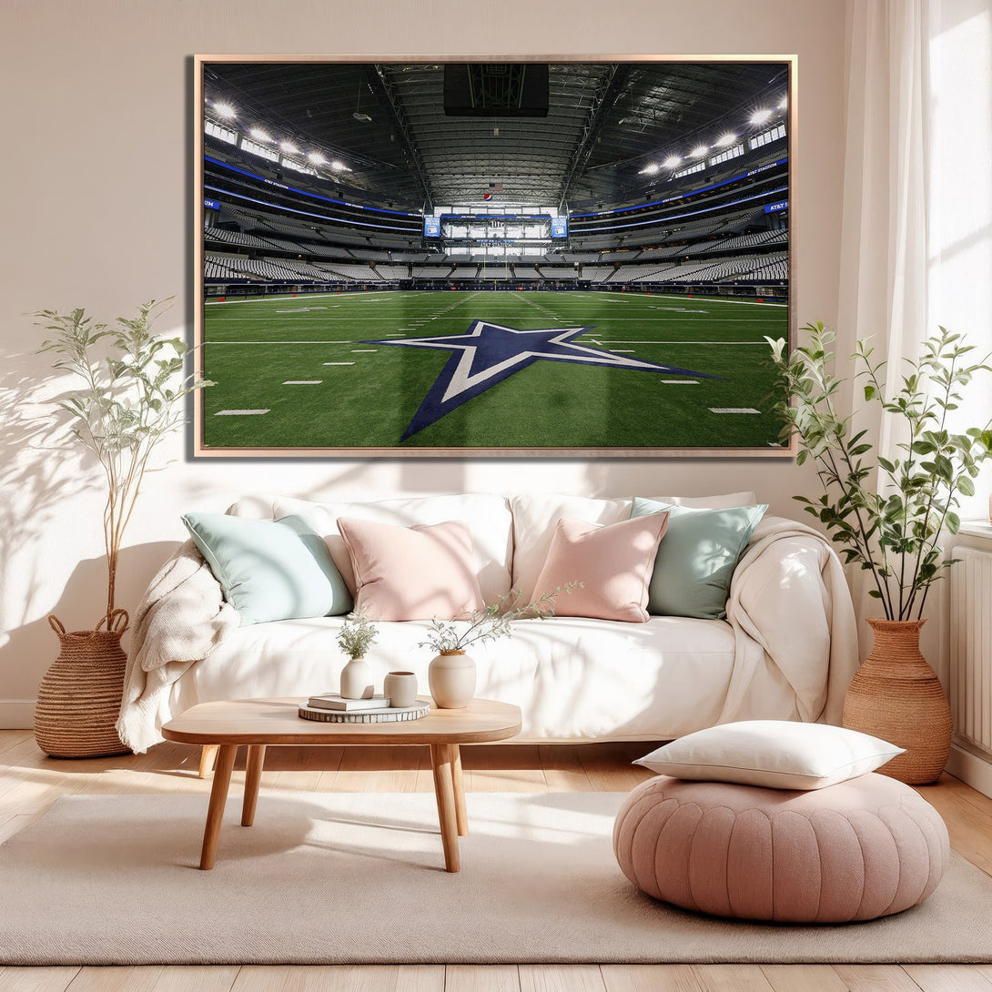 Framed Wall Art of Dallas Cowboys Stadium, modern interior decor. Green, blue, and neutral color palette. Perfect for sports fans!