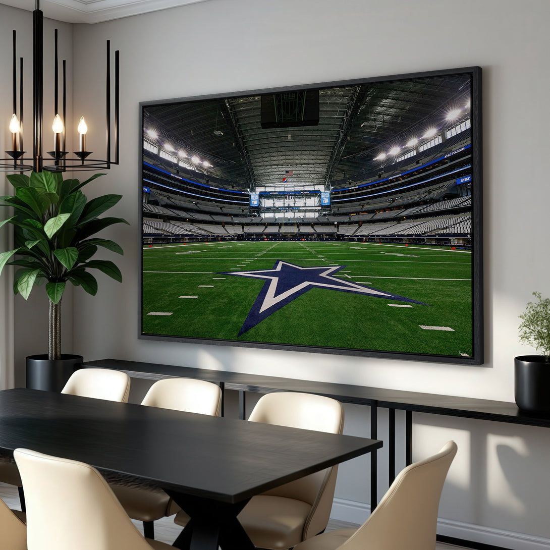 Framed Wall Art of Dallas Cowboys stadium in a modern dining room. Green, blue, and white color palette. Elevate your space with sports art!