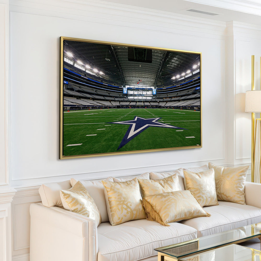 Canvas Print of AT&T Stadium interior, featuring a vibrant green field and the Dallas Cowboys star logo. Modern wall art with a neutral, bright color palette.