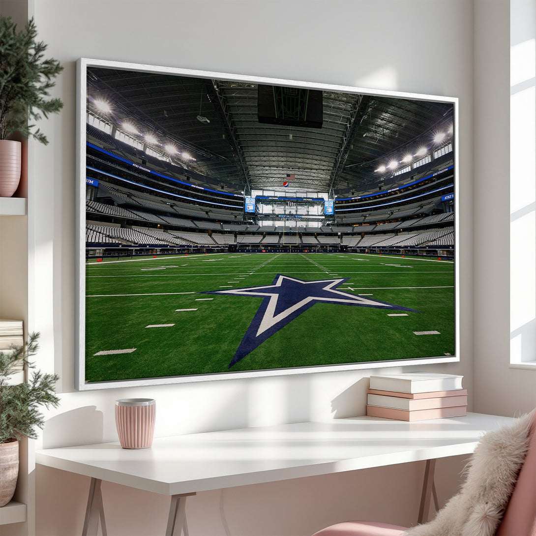 Framed Wall Art of AT&T Stadium. Vibrant green field with Dallas Cowboys star. Modern, sports-themed art with blue, green, and white color palette. Add team spirit to your space!