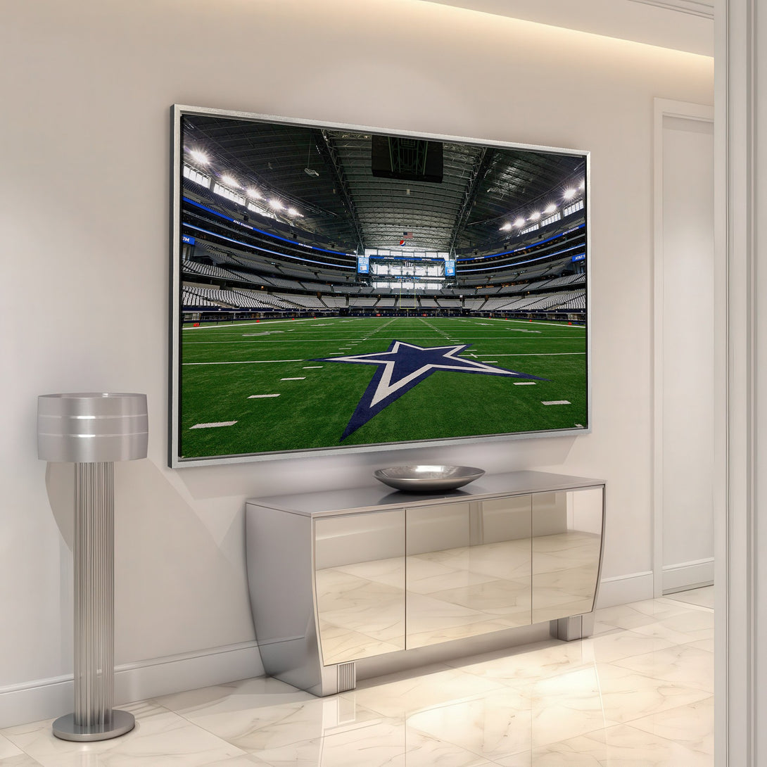 Framed Wall Art of a football stadium, featuring a green field and blue star logo. Modern interior with a neutral color palette. Elevate your space!