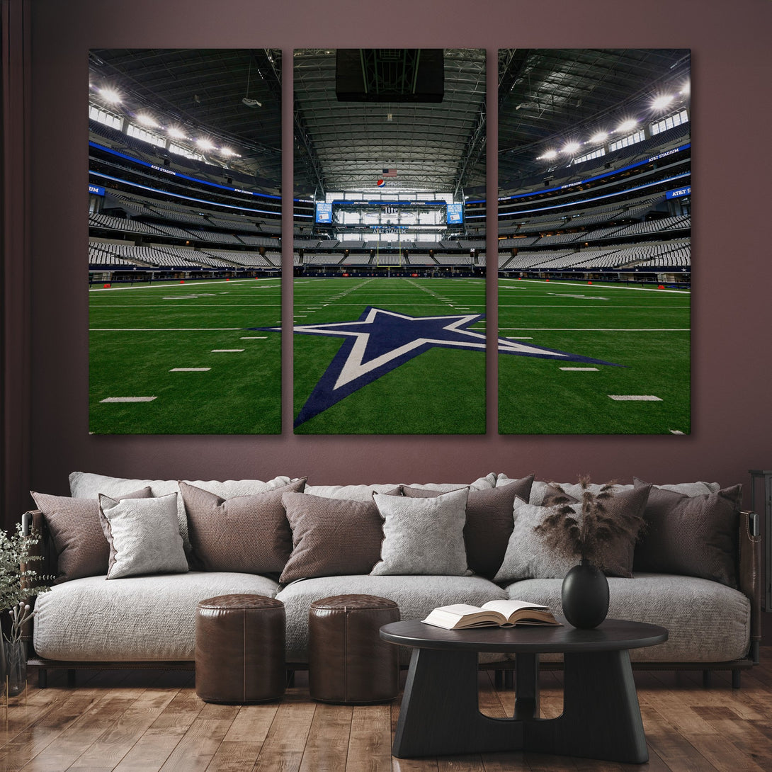 Canvas Print of AT&T Stadium interior. Modern decor with a football stadium scene in green, white, and blue. Perfect wall art for sports fans.