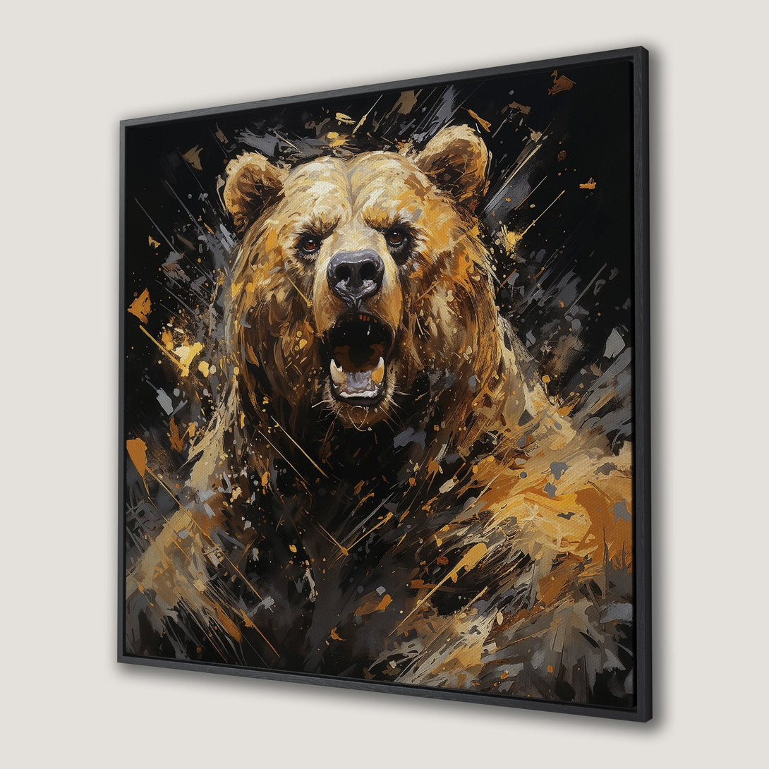 Framed Wall Art: Powerful grizzly bear art print in abstract style. Warm brown, gold, and black color palette. Add a bold statement to your home!