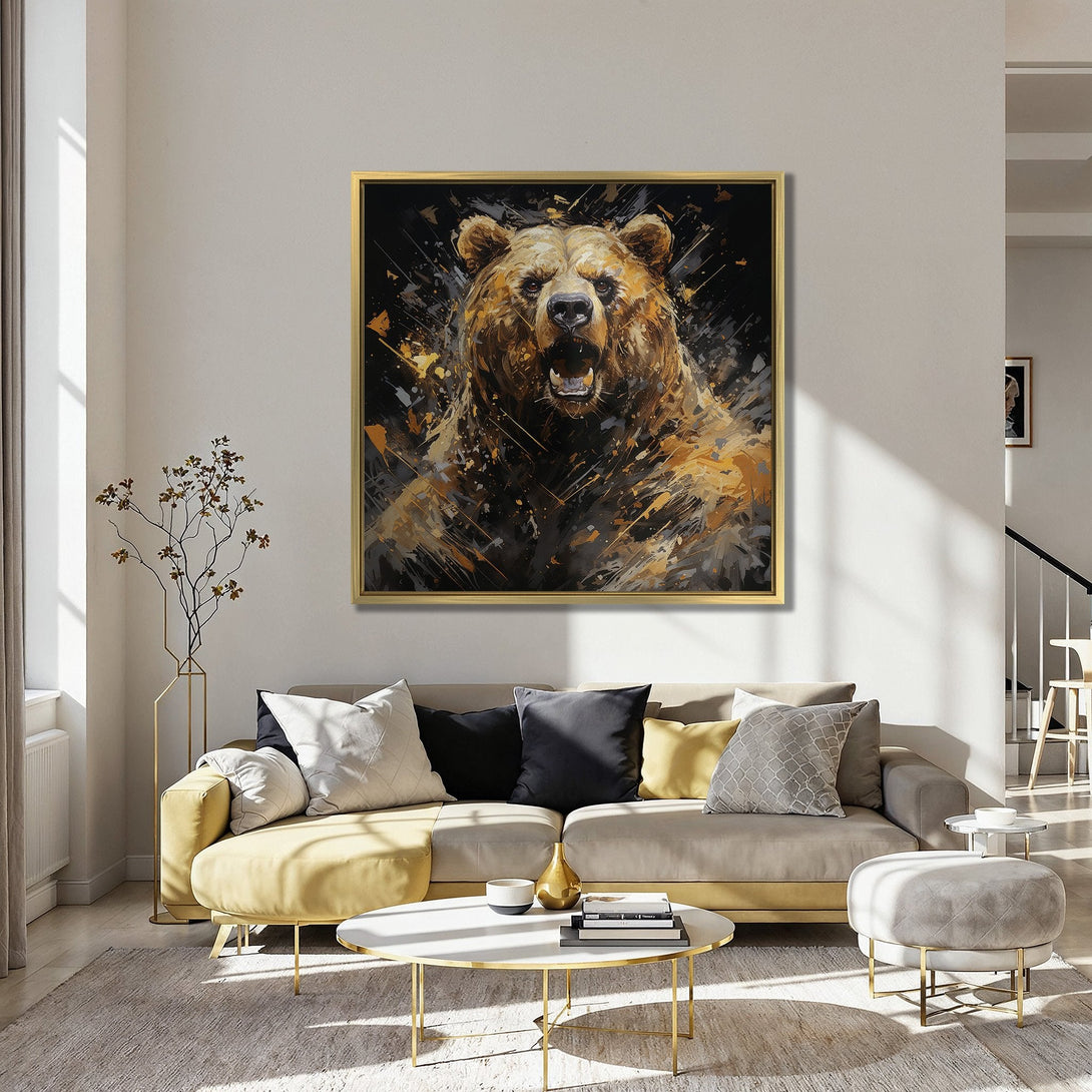 Canvas Print: Abstract bear artwork with brown, gold, and black color palette. Modern art for home decor, displayed in a stylish interior setting.