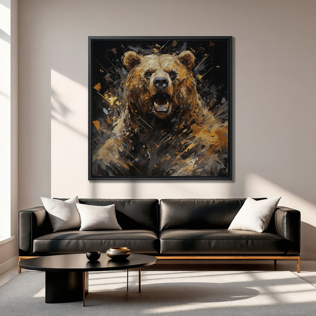Framed Wall Art: Abstract bear portrait in warm brown, gold, and black. Modern art canvas print adds a bold statement to any interior.