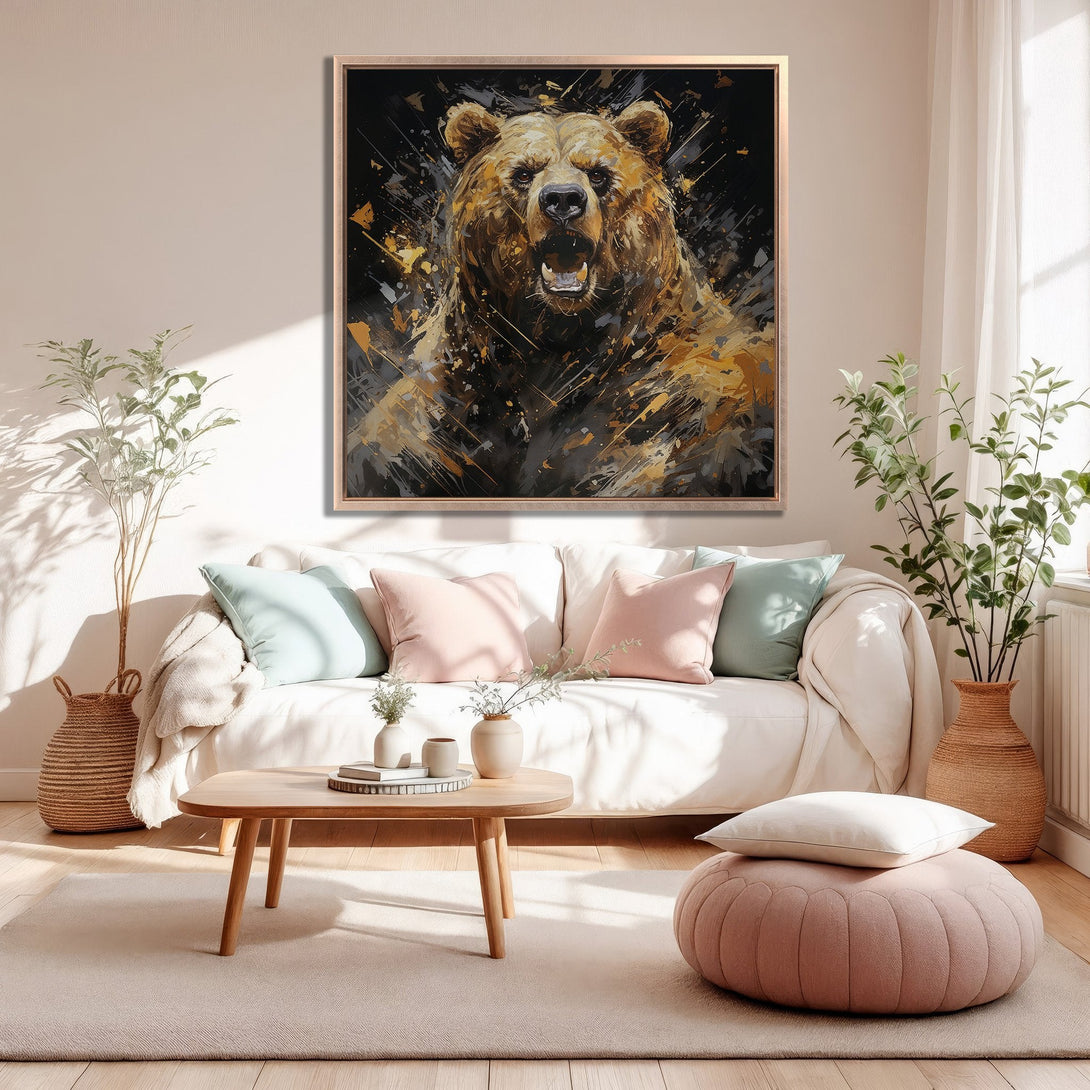 Framed Wall Art featuring a fierce bear in abstract style, warm brown and gold tones. Perfect for adding a touch of nature to your home decor!