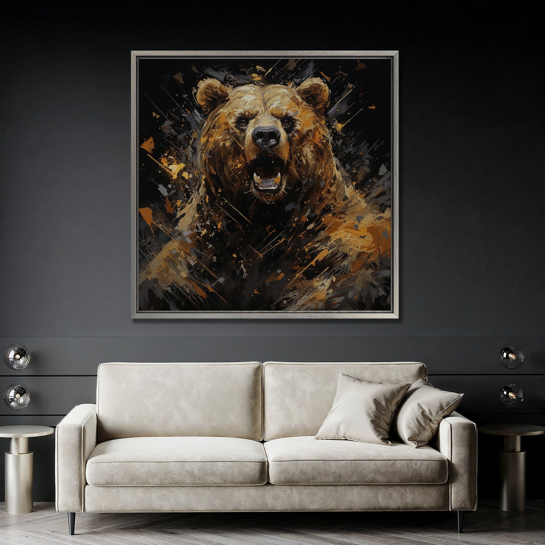 Framed Wall Art: Abstract bear portrait in brown & gold tones. Modern canvas print adds a bold statement to any living room. Shop now!