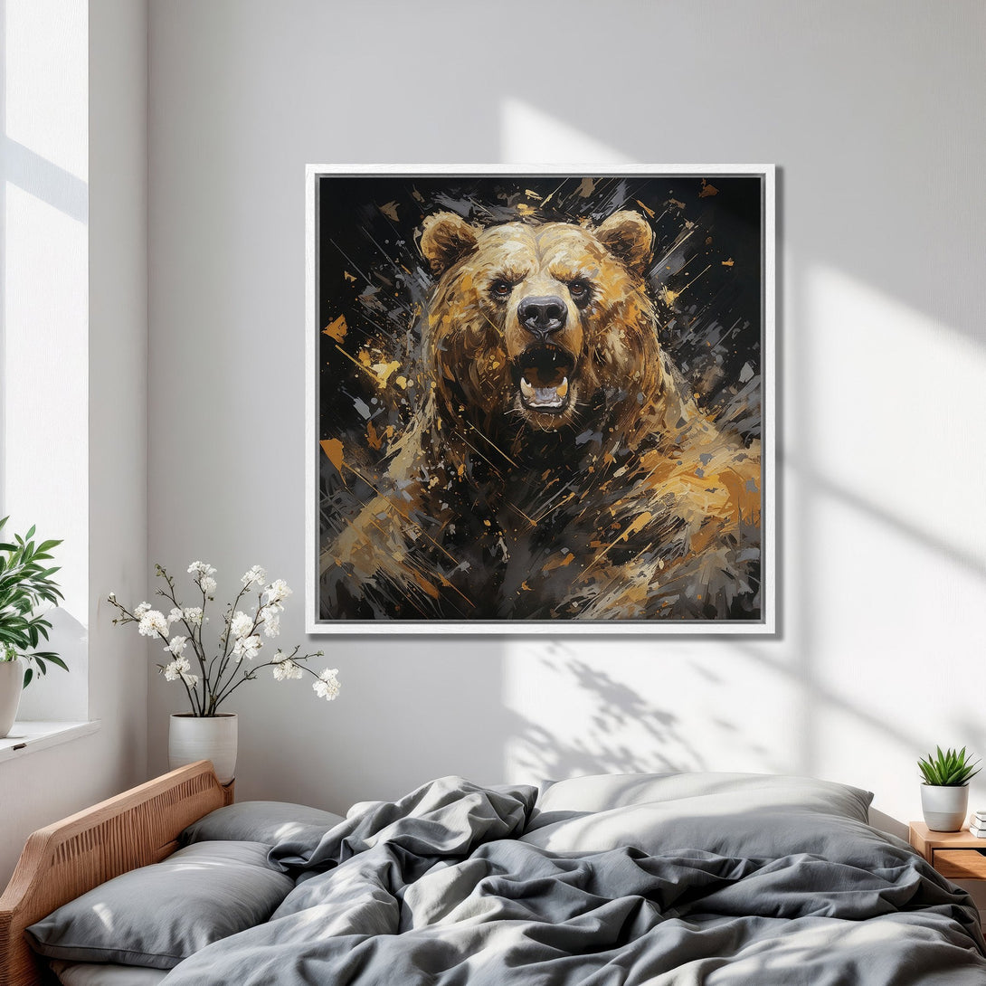Framed Wall Art: Abstract bear portrait in warm gold & black tones. Modern art canvas print adds a bold statement to any room. Shop now!