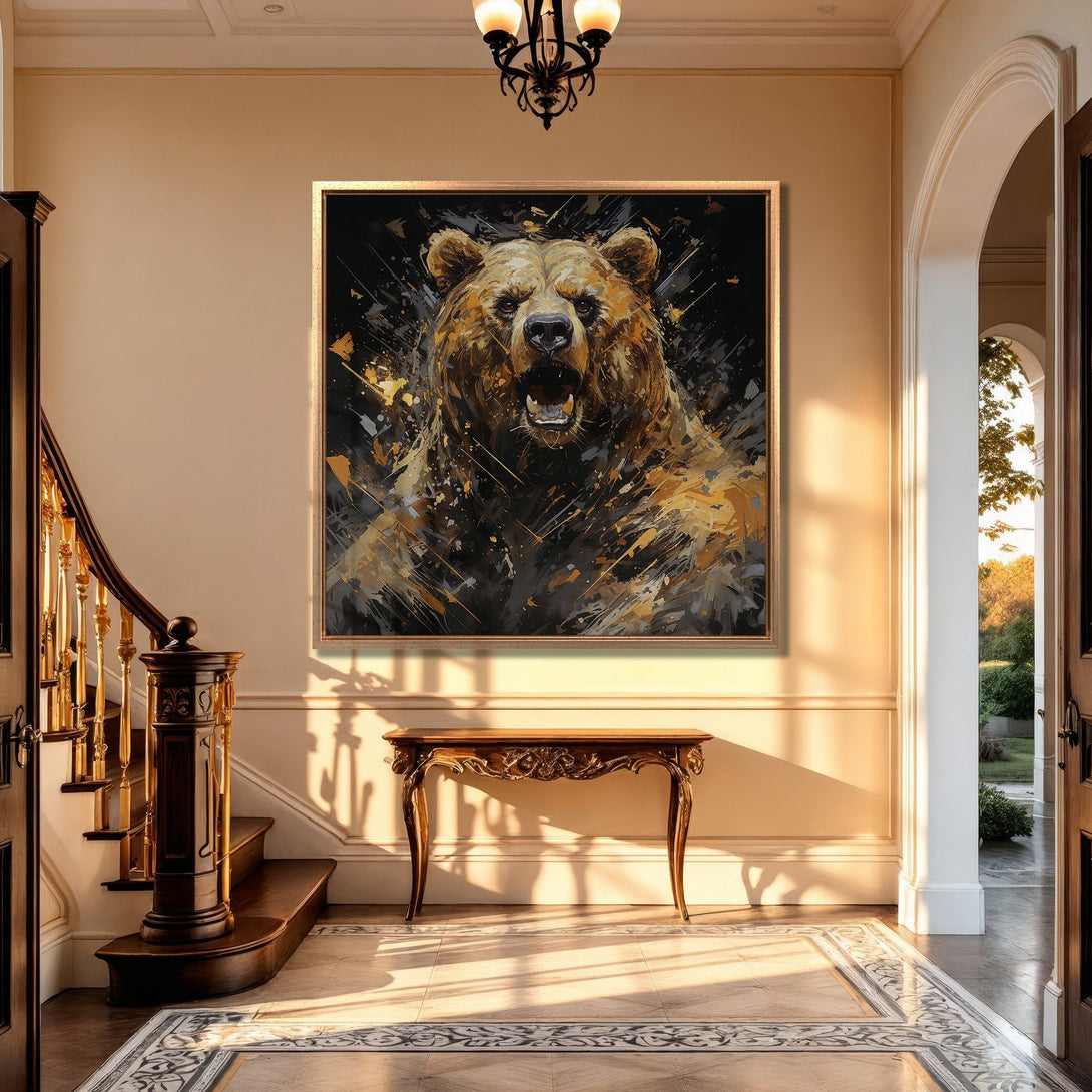 Framed Wall Art of a roaring bear in an abstract style, featuring a black, gold, and brown color palette. Perfect for adding a statement piece to your home.